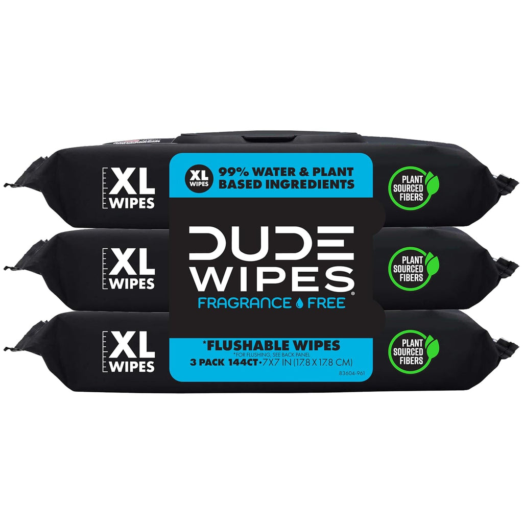 DUDE Wipes Unscented Adult Flushable Wet Wipes, Sensitive Skin, 144 Count | 99% water, extra large flushable butt wipes. Fragrance free, hypoallergenic, vitamin E and aloe. Septic safe. 3 packs of 48.