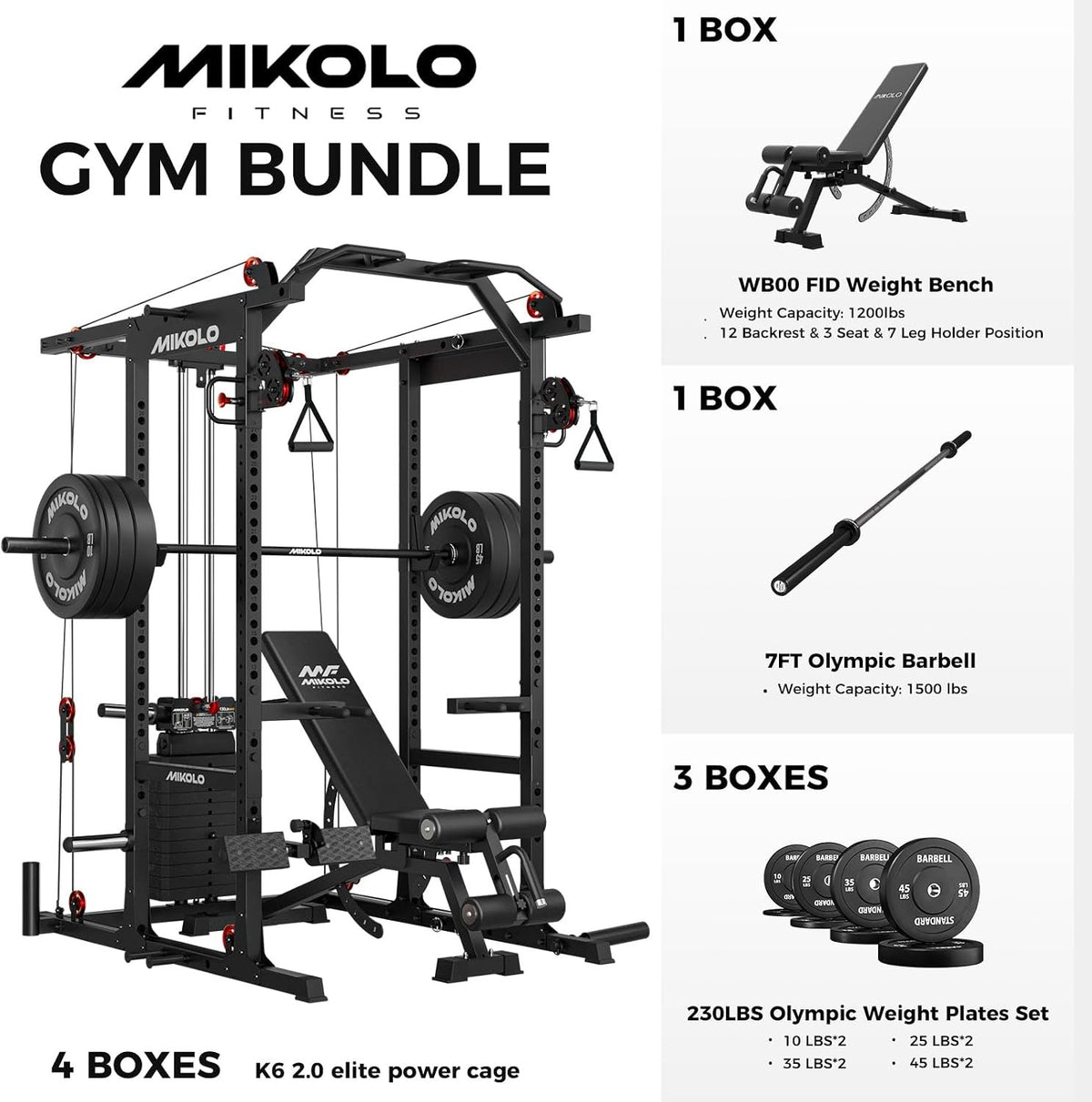 Mikolo K6 2.0 Power Cage, Power Rack with Cable Crossover System, 2000LBS Squat Rack with LAT Pull Down System, Functional Trainer with Aluminum Pulley System for Home Gym