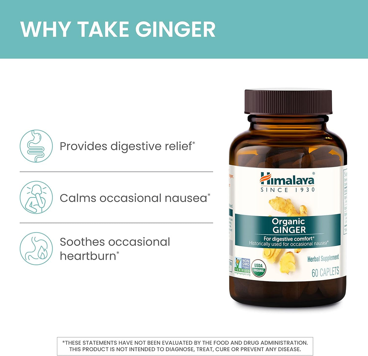 Himalaya USDA Organic Ginger Root Capsules, 60 Caplets, 60 Day Supply | Digestive Health Ginger Supplement for Nausea, Upset Stomach Relief, Occasional Bloating & Heartburn - Vegan, Non-GMO