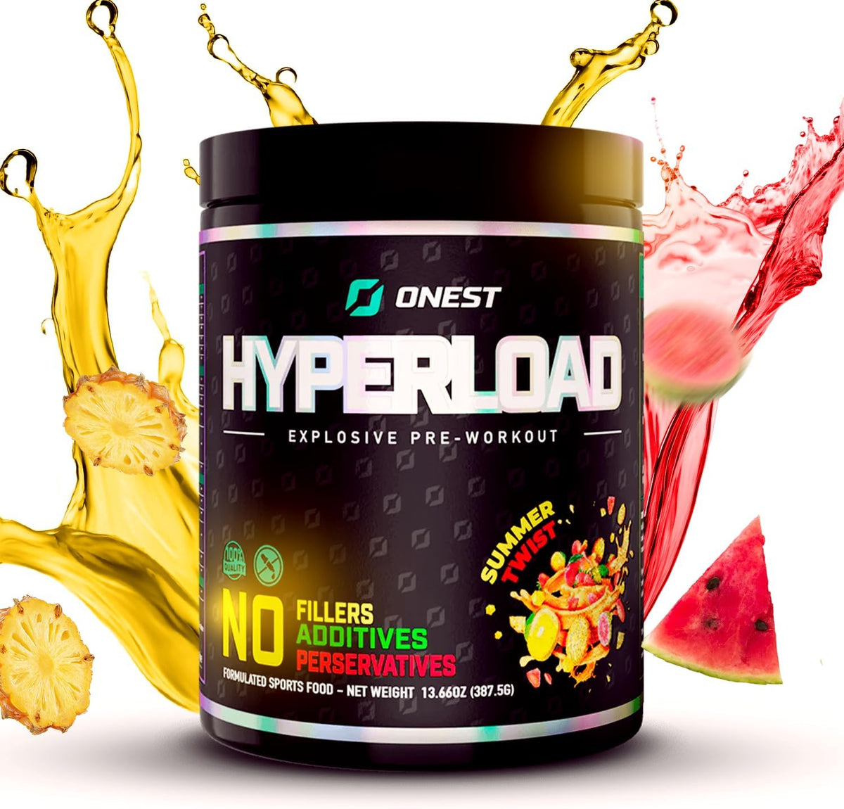 Onest Hyperload Pre Workout Supplements 387.5g | 25 Servings Workout Powder for Men & Women | Enhances Muscle Power & Energy | Caffeine, L-Citrulline Malate, Alanine, L-Theanine Sports Drink Powder (Hyperload, Summer Twist)