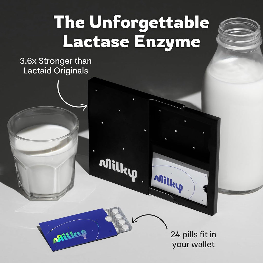 Milky Lactose Intolerance Pills - 10,800 FCC - Dairy Relief for Lactose Intolerance - Lactase Enzyme Tablets - Portable Credit Card Sleeves - Bloating & Gas Relief (48 Count Astral Violet)