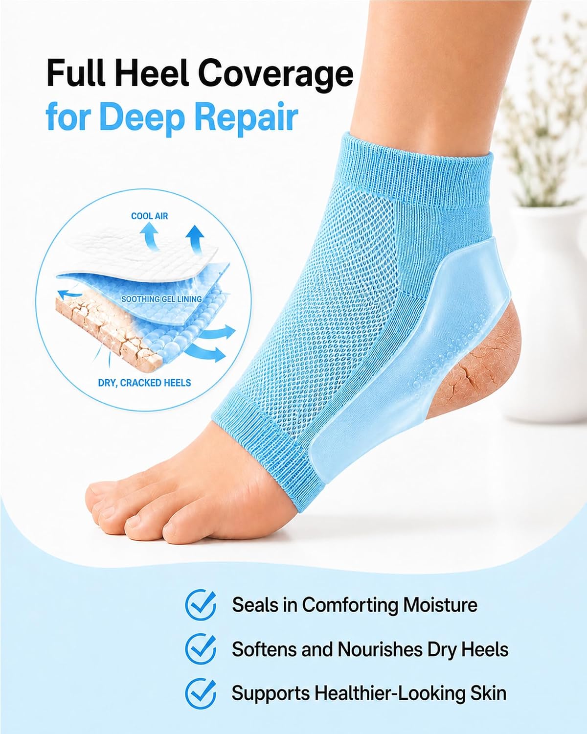Moisturizing Socks, 100% Cotton Heel Socks for Dry Cracked Feet Women, Cracked Heel Treatment Silicone Heel Socks, Breathable Hydrating Gel Heel Protectors for Repair, Spa & Daily Use