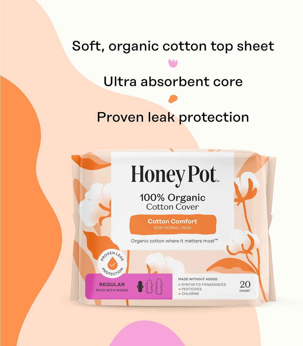 The Honey Pot Company - Cotton Comfort - Regular Pads for Women | Non-Herbal - Organic Cotton Cover - Menstrual Pads w/Wings - No Fragrance & Ultra-Absorbent Pulp Core - Feminine Care - 80ct