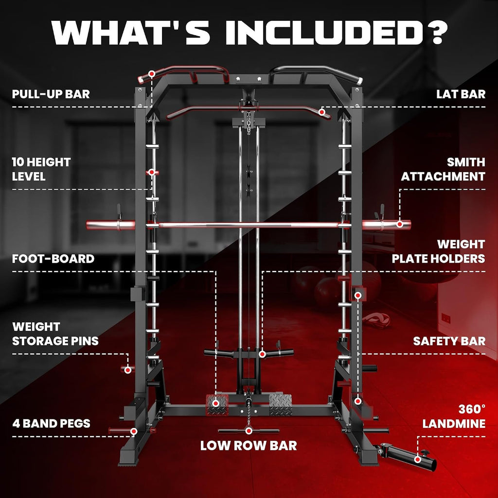 JELENS SR01 Smith Machine, 2000LBS Multi-Function Power Cage with LAT Pulldown System, All-in-One Home Gym Squat Rack with Smith Bar and Training Attachments for Full Body Workouts