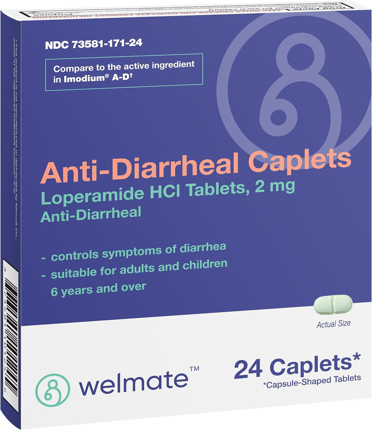 WELMATE Loperamide HCl 2 mg Anti Diarrhea Pills, 24 Caplets - Fast-Acting Diarrhea Medicine for Adults, Traveler's Stomach Relief, Easy to Swallow Antidiarrheal Medication