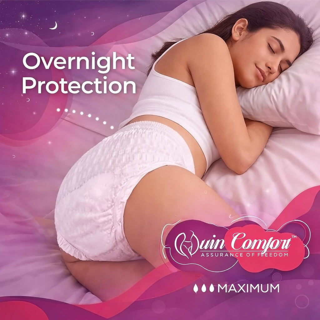 Quin Comfort Period Panty For Girls & Women, (XXL-XXXL), 20 Pcs, 12 Hrs Protection | Super Absorbent 360° Coverage | "Leak-proof" For Heavy Flow, Maternity Delivery Pads, Postpartum & Overnight Protection, Disposable Panty