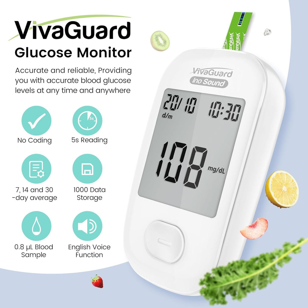 VivaGuard Talking Blood Glucose Monitor Kit, 100 Strips & 100 Lancets | Voice Guidance for Senior and Poor Vision, 1000 Large Memory, No Coding, Large Display,Carrying Case Portable for Travel
