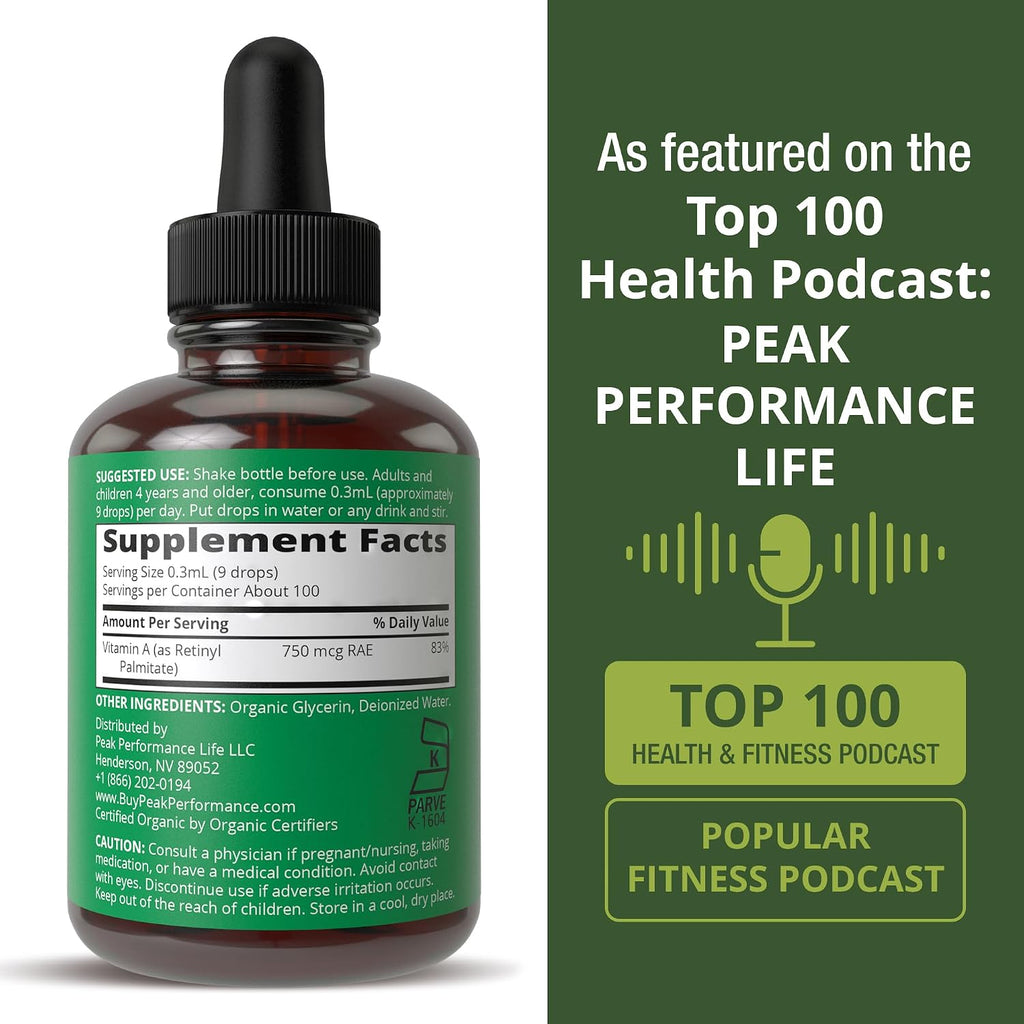 USDA Organic Vitamin A Liquid Drops Supplement. Vegan High Bioavailability | For Eye, Skin + Bone Health. For Adults, Men, Women, Kids. Vit A Oil Retinyl Palmitate. Gluten Free, Zero Sugar (1 fl oz)