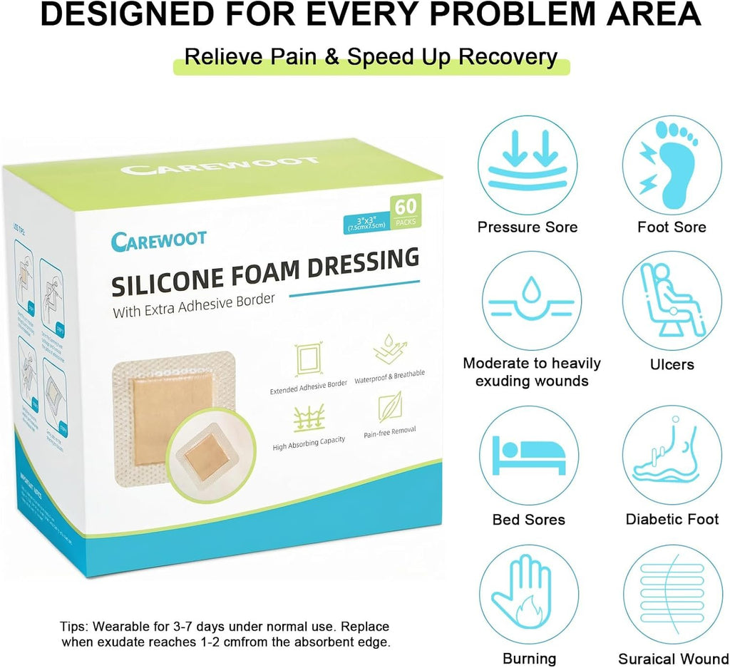 60 Pack Silicone Foam Dressing 3''x3'' with Gentle Border | FSA Eligible HSA, Skin Wound Care, Self Adhesive Waterproof Bandages Absorbent Pads for Elderly Skin Protection, Post-Op
