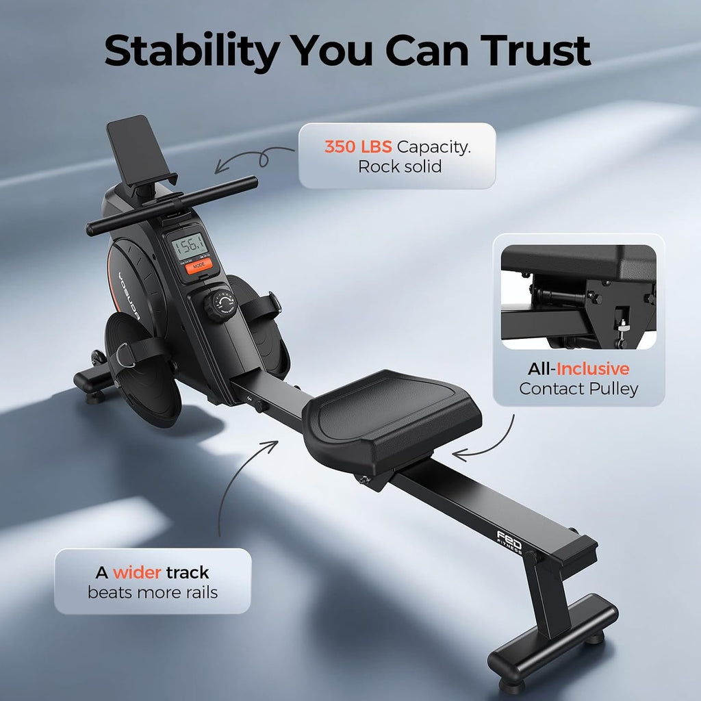 YOSUDA Rowing Machine for Home, Magnetic Rower Machine for Beginners to Athletes, Use with Resistance Adjustment Function, Bluetooth, App Supported, LCD Monitor, and Comfortable Seat Cushion
