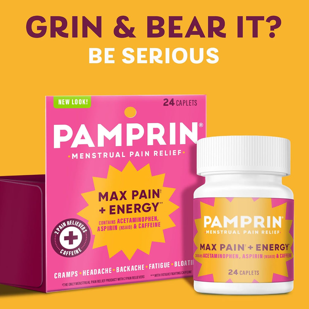 Pamprin Maximum Strength Max Pain and Energy Formula, Menstrual Period Symptoms Relief for Cramps, Bloating and Fatigue, 24 Caplets