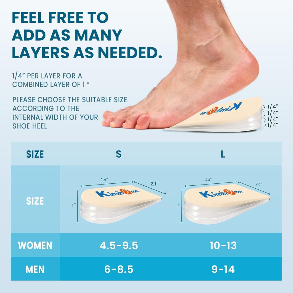 Heel Lift Inserts for Women Men - Kimihome Adjustable Gel Heel Cushion Pads for Heel Pain, Uneven Legs Leg Length Discrepancies Height Increase Insole Orthopedic Shoe Lifts (4 Layers, Size L)