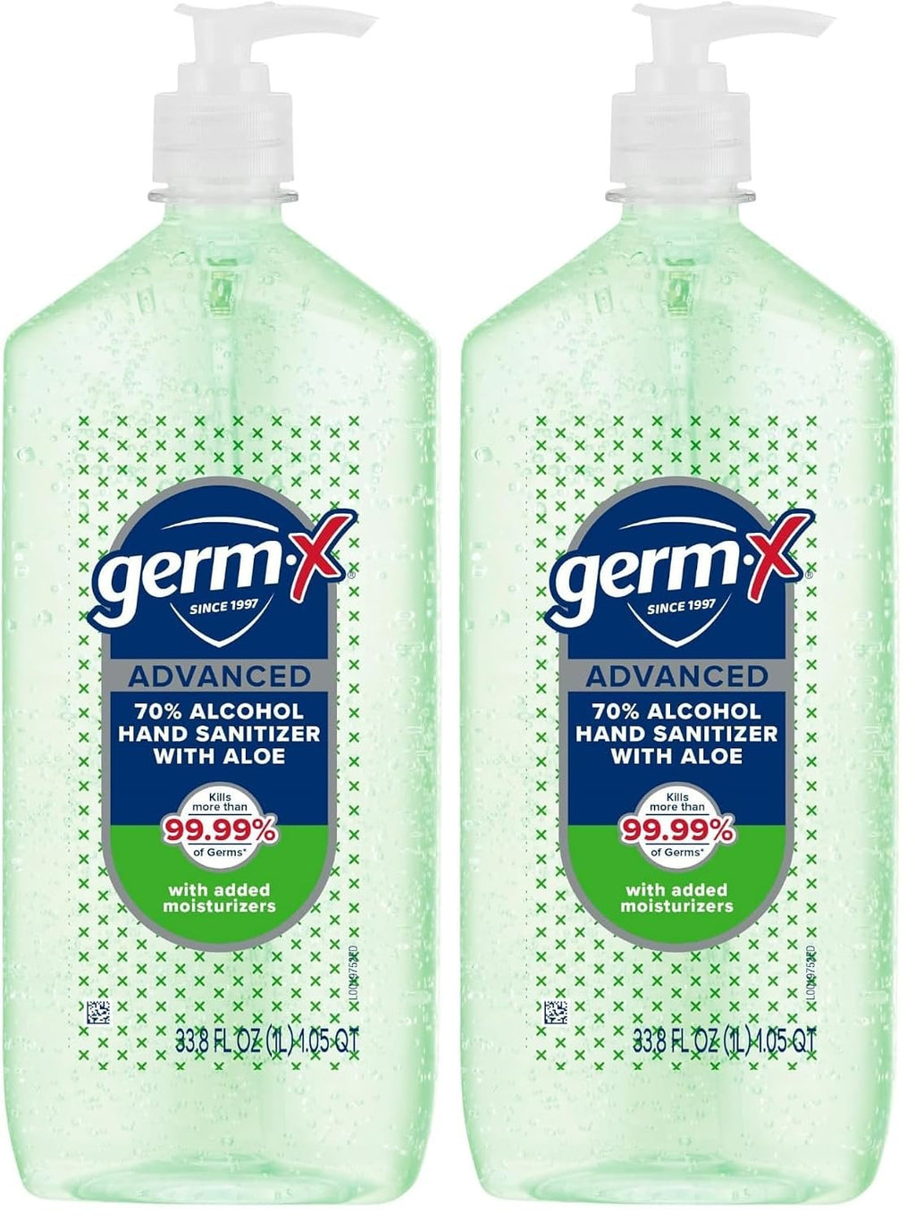 Germ-X Advanced Hand Sanitizer with Aloe and Vitamin E, 1 Liter, Less Drying Moisturizing Gel, No Rinse Formula, Pump Bottle (Pack of 2)