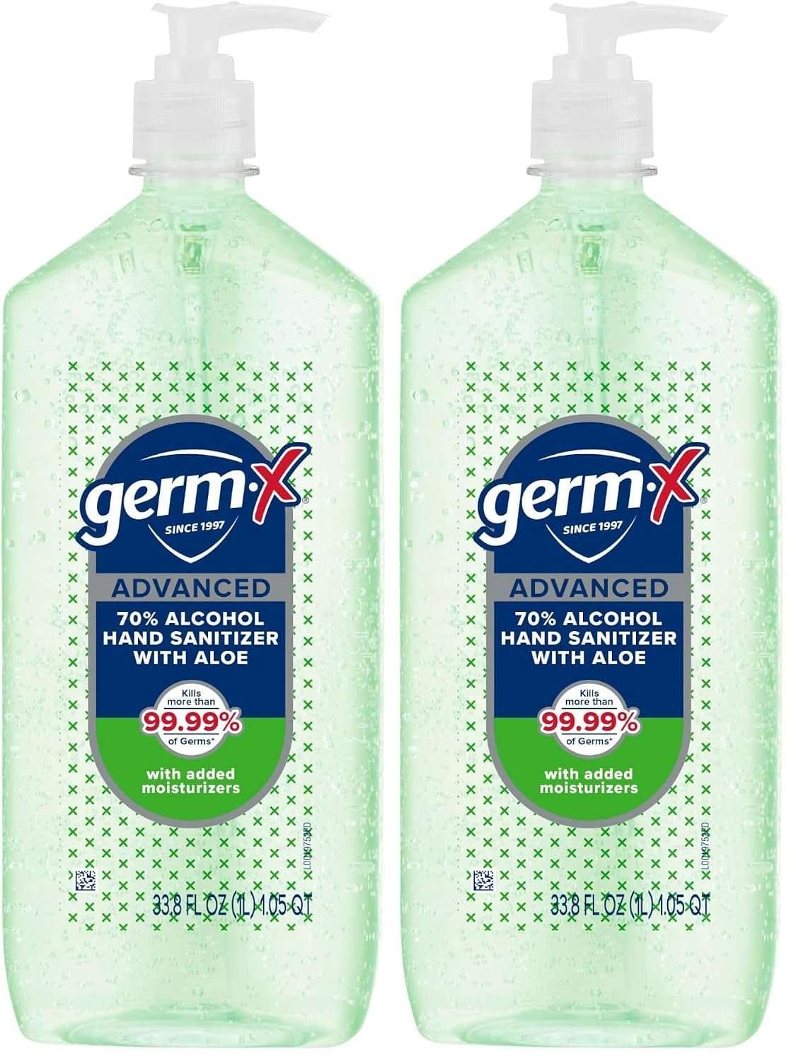 Germ-X Advanced Hand Sanitizer with Aloe and Vitamin E, 1 Liter, Less Drying Moisturizing Gel, No Rinse Formula, Pump Bottle (Pack of 2)