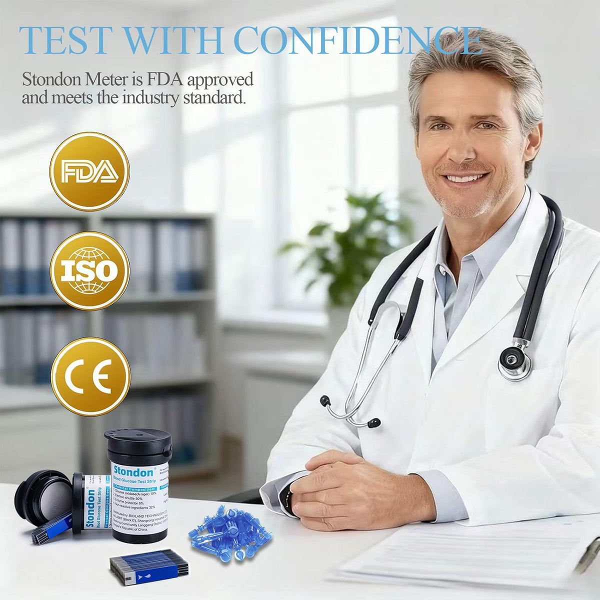 Stondon Blood Glucose Test Strips and Lancets, 100 Each, for G430/G520/G425 | Compatible with Stondon G430, G520 and G425-3 meters, no coding strips, single-use lancets, 100 tests