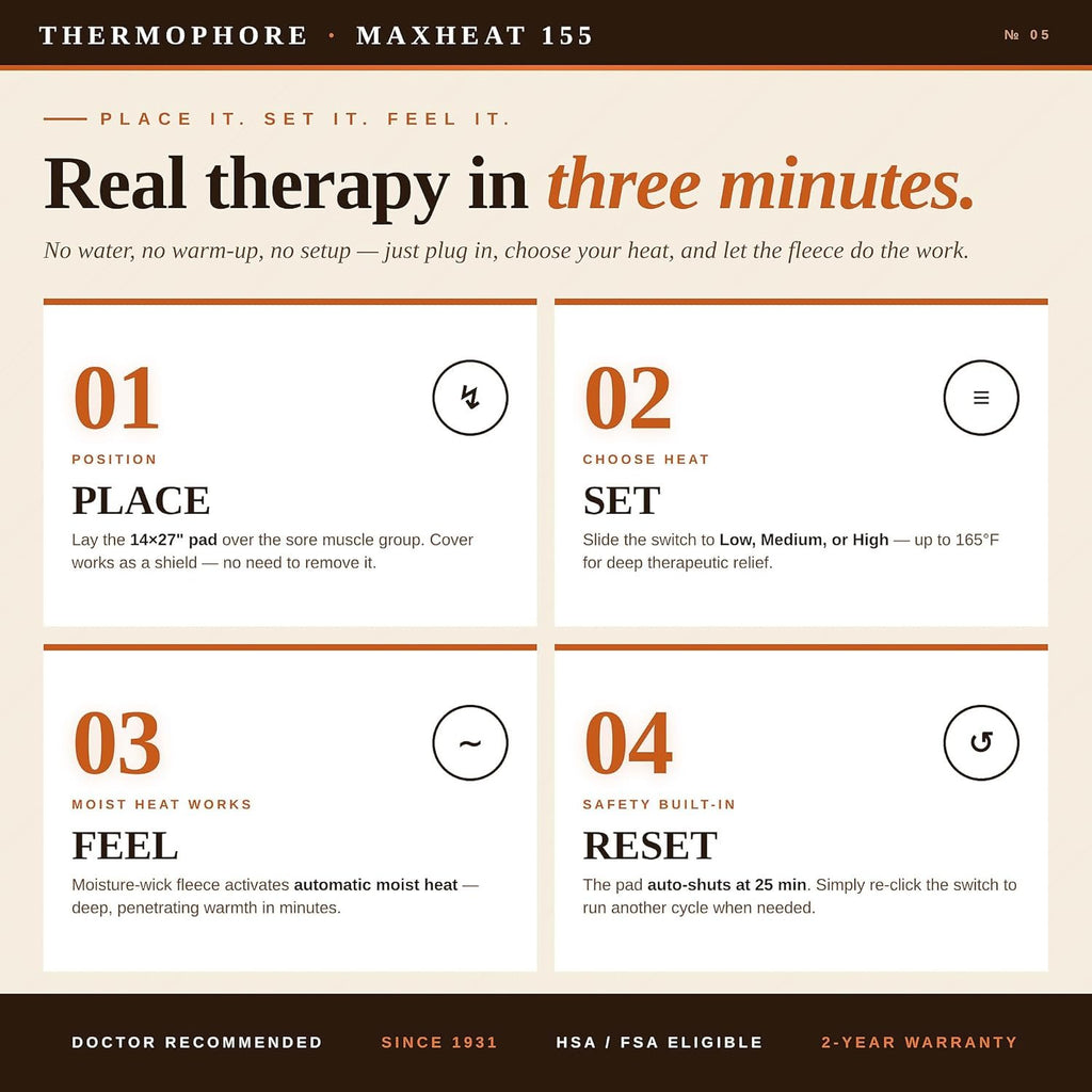 Thermophore MaxHEAT Automatic Moist Heating Pack Model 155 – Large 14" x 27" XL Heating Pad, Deep Heat Therapy for Muscle, Back & Joint Pain Relief, Electric, Heavy Weighted Fleece Design