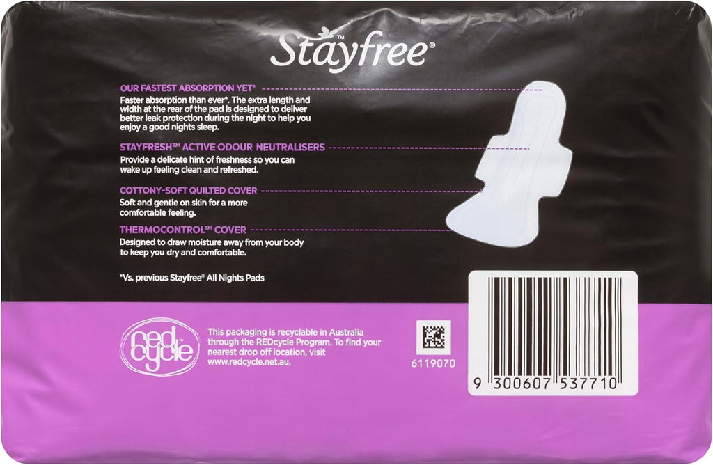Stayfree All Nights Pads With Wings 10 Pack|Faster Absorption | Neutralises Odour|Cottony-Soft Quilted Cover| Keeps Dry and Comfortable