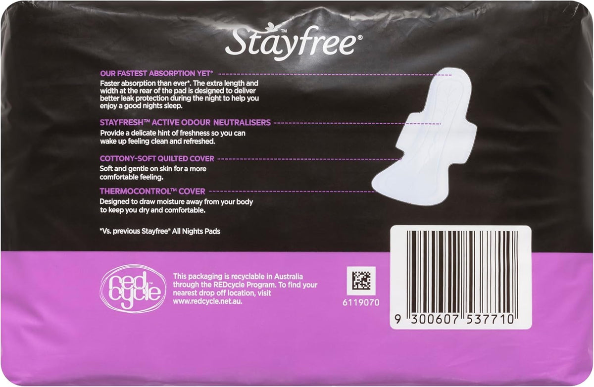 Stayfree All Nights Pads With Wings 10 Pack|Faster Absorption | Neutralises Odour|Cottony-Soft Quilted Cover| Keeps Dry and Comfortable