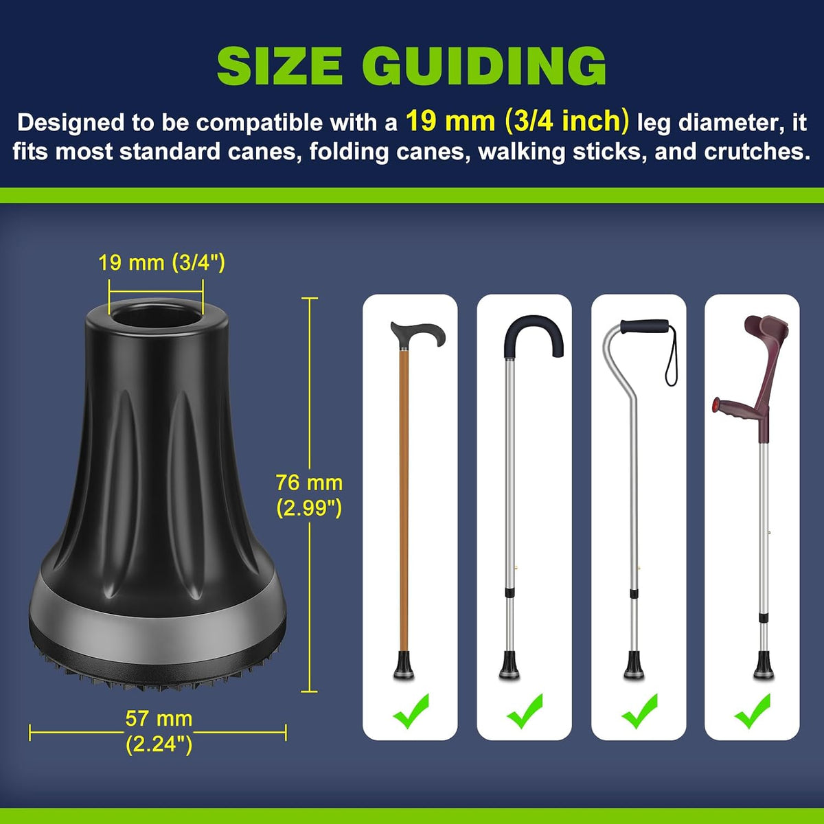supregear Cane Tips 3/4 Inch (2-Pack), Anti-Slip Extreme Grip Heavy Duty Replacement Rubber Foot Base for All Terrain Safety & Comfort, Shock-Absorbing Feet with Metal Insert for Enhanced Stability