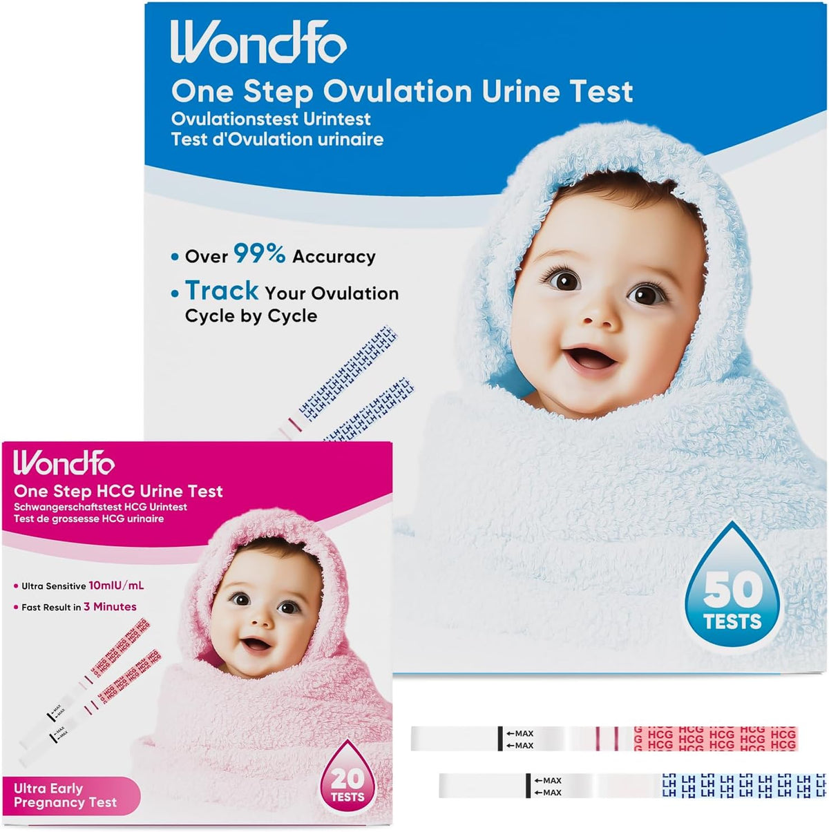 Wondfo Ovulation and Pregnancy Test Strips Kit – 50 Ovulation Test Strips + 20 Pregnancy Test Strips, Early Detection hCG & LH Urine Tests