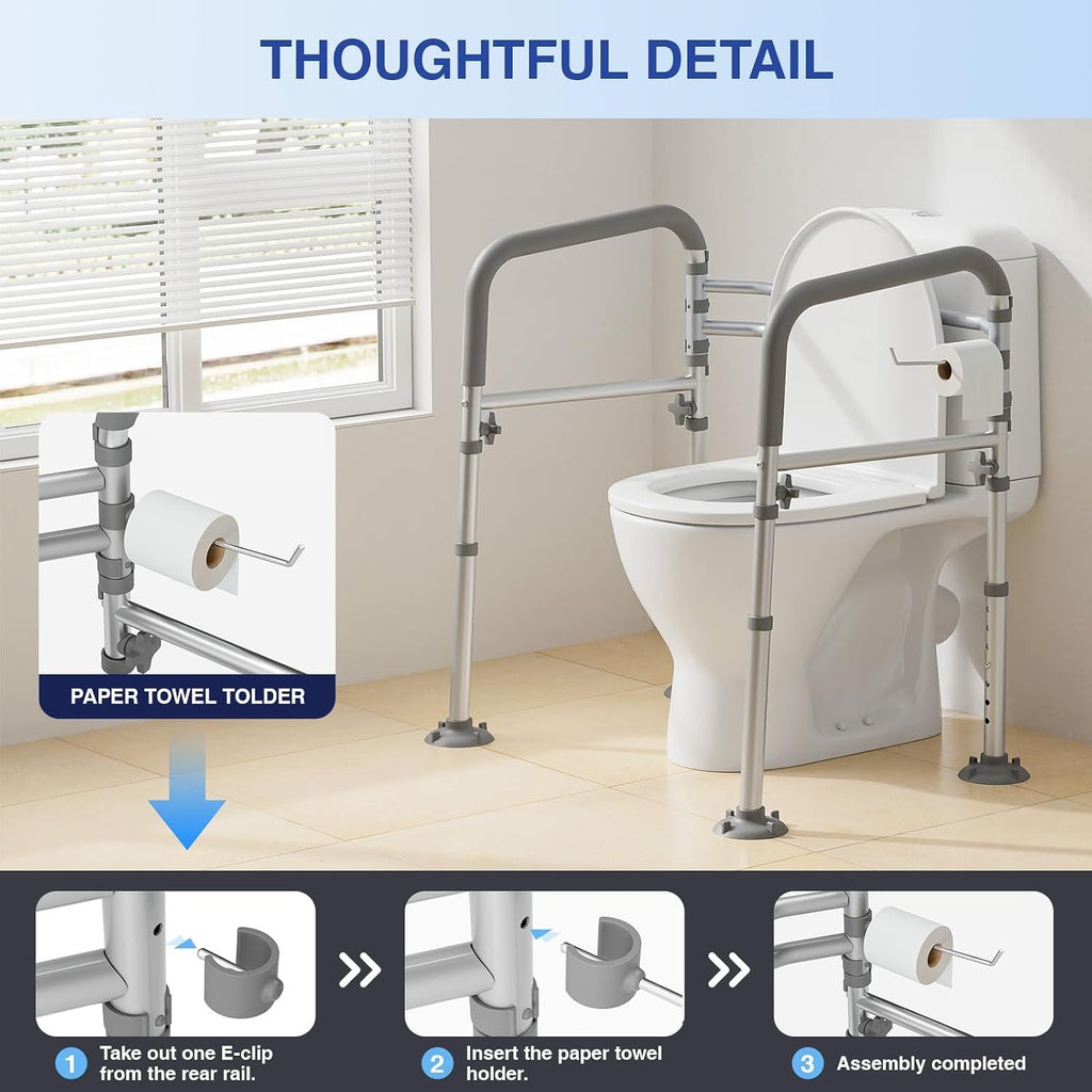 Foldable Toilet Safety Rails for Seniors, Height & Width Adjustable | Safety Frame & Toilet Handles for Elderly & Disabled, Fits Most Toilets, 350lb Capacity, Gray