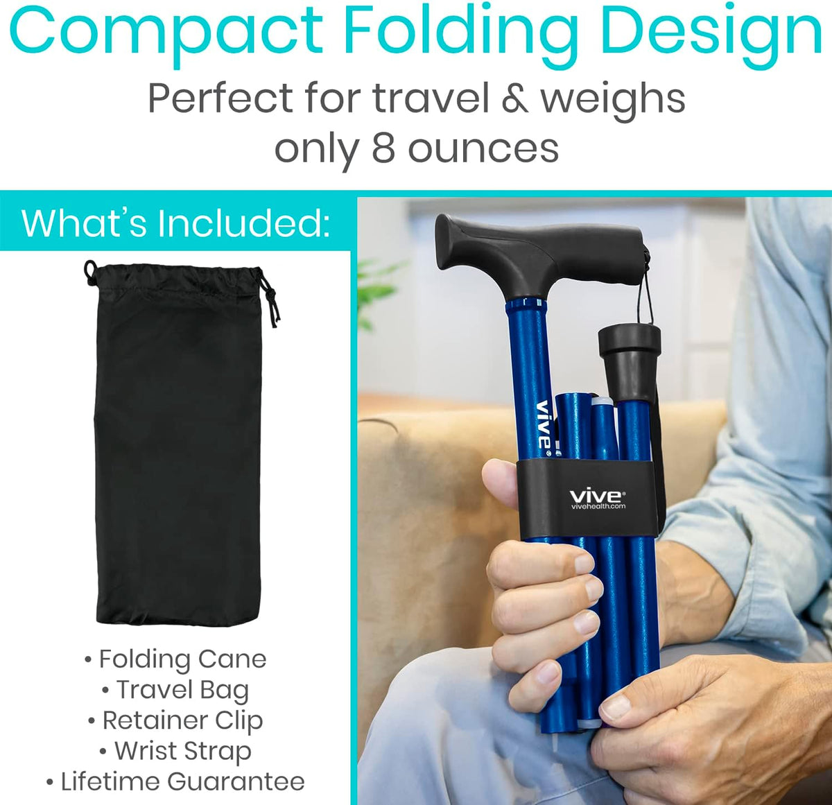 Vive Folding Cane - Foldable Walking Cane for Men, Women - Fold-up | Collapsible, Lightweight, Adjustable, Portable Hand Walking Stick - Balancing Mobility Aid - Sleek, Comfortable