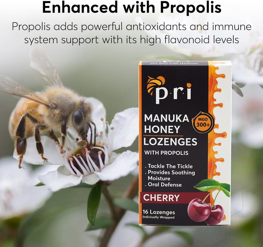 P.R.I Manuka Honey Lozenges with Propolis, Cherry Cough Drops | Natural Throat Drops, MGO 300+ Certified (16 Count, 2 Pack)