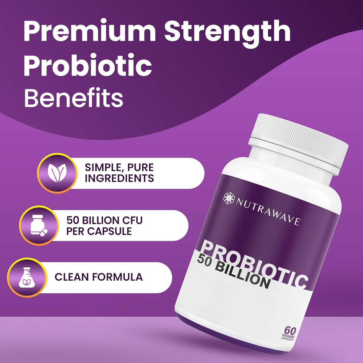 Nutrawave 50 Billion Daily Probiotic for Men & Women – 15 Strains of Live Cultures | 60 Vegan, Gluten-Free Capsules