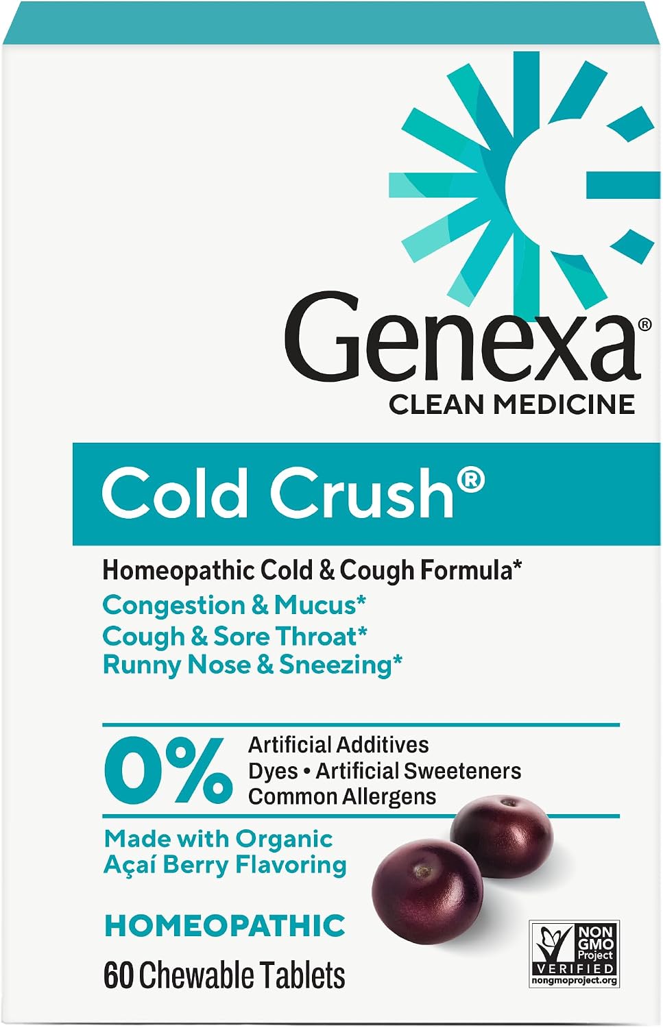 Genexa Cold Crush, Drug Free & Made Clean, 60 Chewable Tablets for Adults | Dye Free, 0% Artificial Additives, Non-GMO, Gluten Free, Homeopathic Cough, Cold, Sore Throat Relief, Acai Berry Flavor