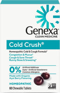 Genexa Cold Crush, Drug Free & Made Clean, 60 Chewable Tablets for Adults | Dye Free, 0% Artificial Additives, Non-GMO, Gluten Free, Homeopathic Cough, Cold, Sore Throat Relief, Acai Berry Flavor