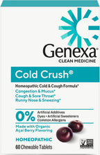 Genexa Cold Crush, Drug Free & Made Clean, 60 Chewable Tablets for Adults | Dye Free, 0% Artificial Additives, Non-GMO, Gluten Free, Homeopathic Cough, Cold, Sore Throat Relief, Acai Berry Flavor