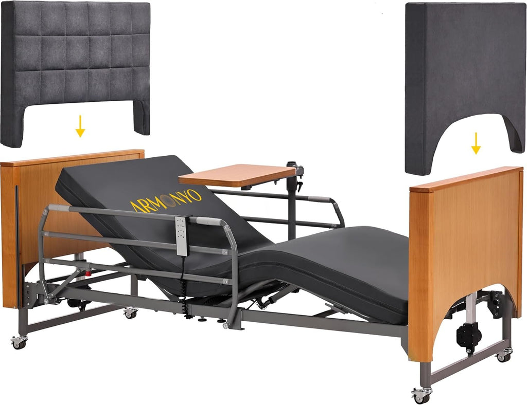 Electric Hospital Bed for Home Use – 5 Functions, Advanced German LIMOSS Motor, Double Solid Wood Panels with Upholstered Covers, Medical Overbed Table & Foldable Rails