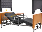 Electric Hospital Bed for Home Use – 5 Functions, Advanced German LIMOSS Motor, Double Solid Wood Panels with Upholstered Covers, Medical Overbed Table & Foldable Rails