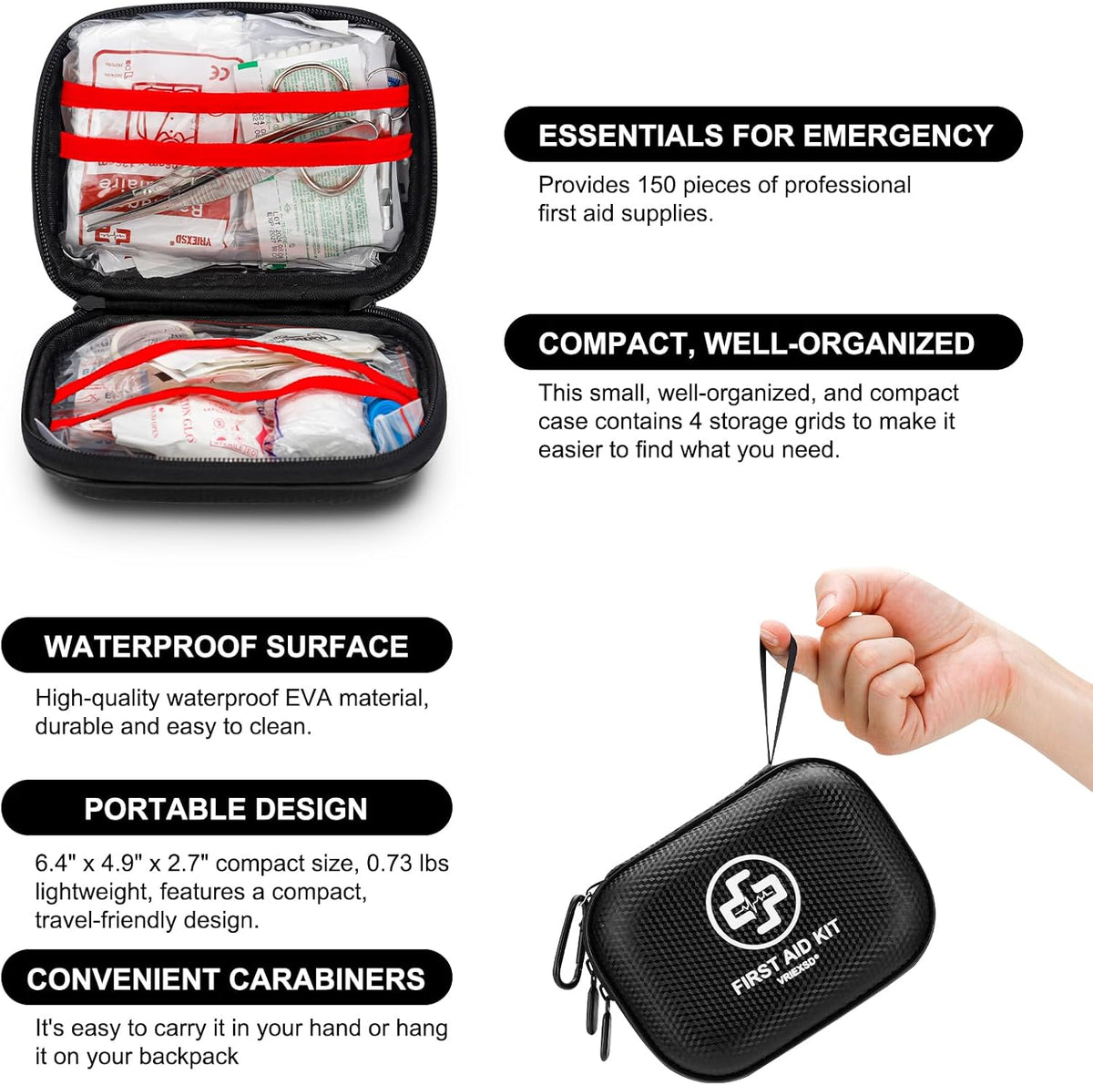 Mini First Aid Kit - 150 Piece Small Waterproof Hard Shell Medical Kit | Compact First Aid Kit with Comprehensive Supplies for Home, Car, Truck, Travel, Camping, Hiking, Sports, Office & Outdoor