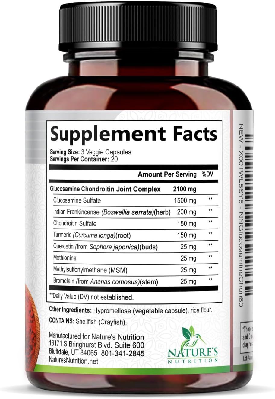 Nature's Nutrition Glucosamine Chondroitin MSM Capsules - Triple Strength Joint Health Support Supplement with Turmeric & Boswellia - Joint Flexibility Support Easy to Swallow Capsules - 60 Count