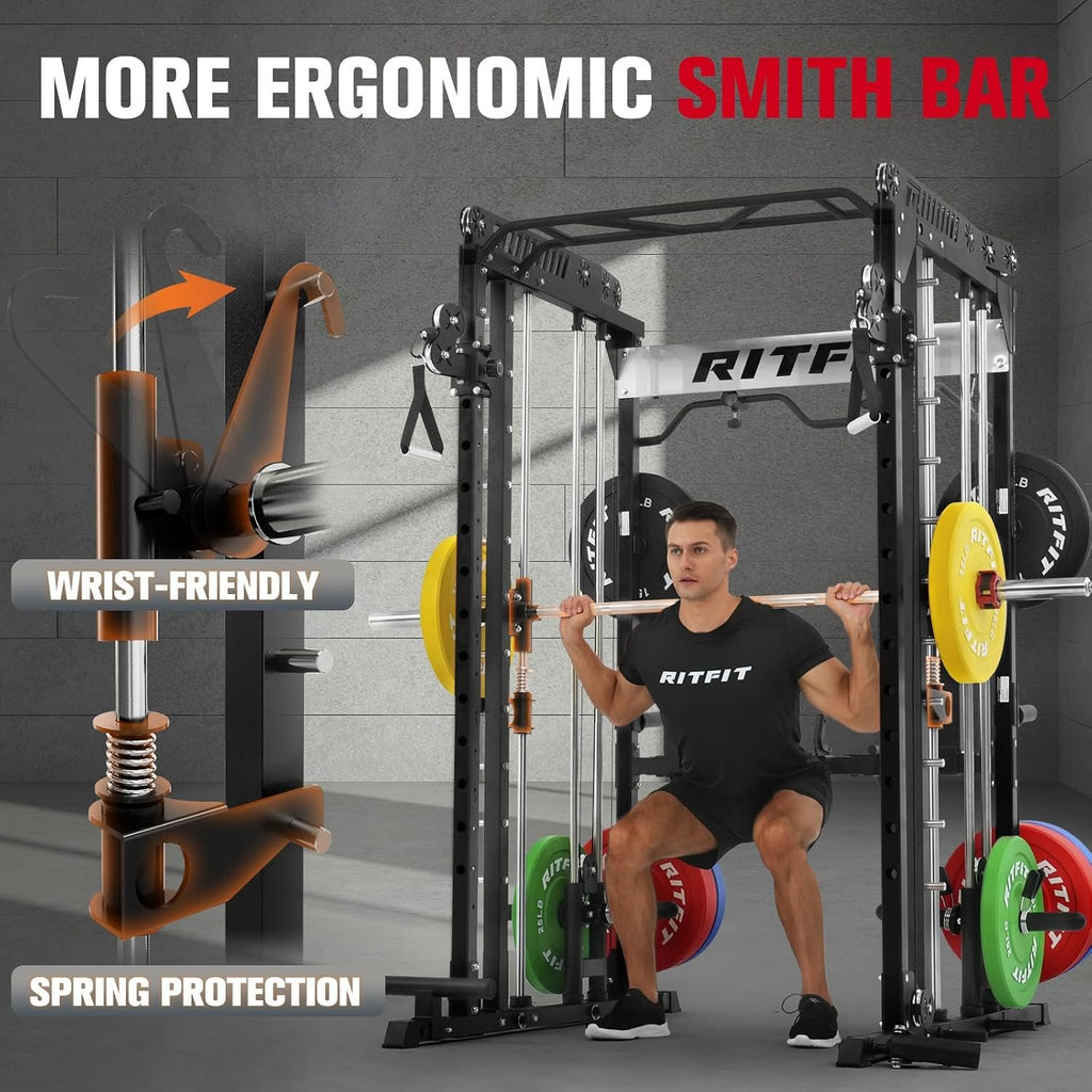 RitFit M1 Pro Smith Machine Cable Crossover Power Cage Home Gym | Dual 360 Cables, Barbell & Handles, LAT Pulldown, 1850LBS Weight Capacity