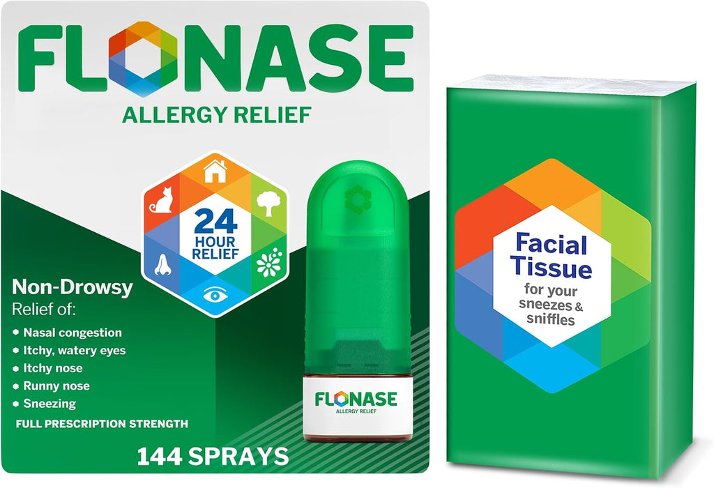 Flonase Nasal Spray for Allergy Relief, Tissues Included, 144 Sprays | Fluticasone Propionate Nasal Spray, Multi-Symptom Relief, 24-Hour Non-Drowsy Allergy Relief, Full Prescription Strength