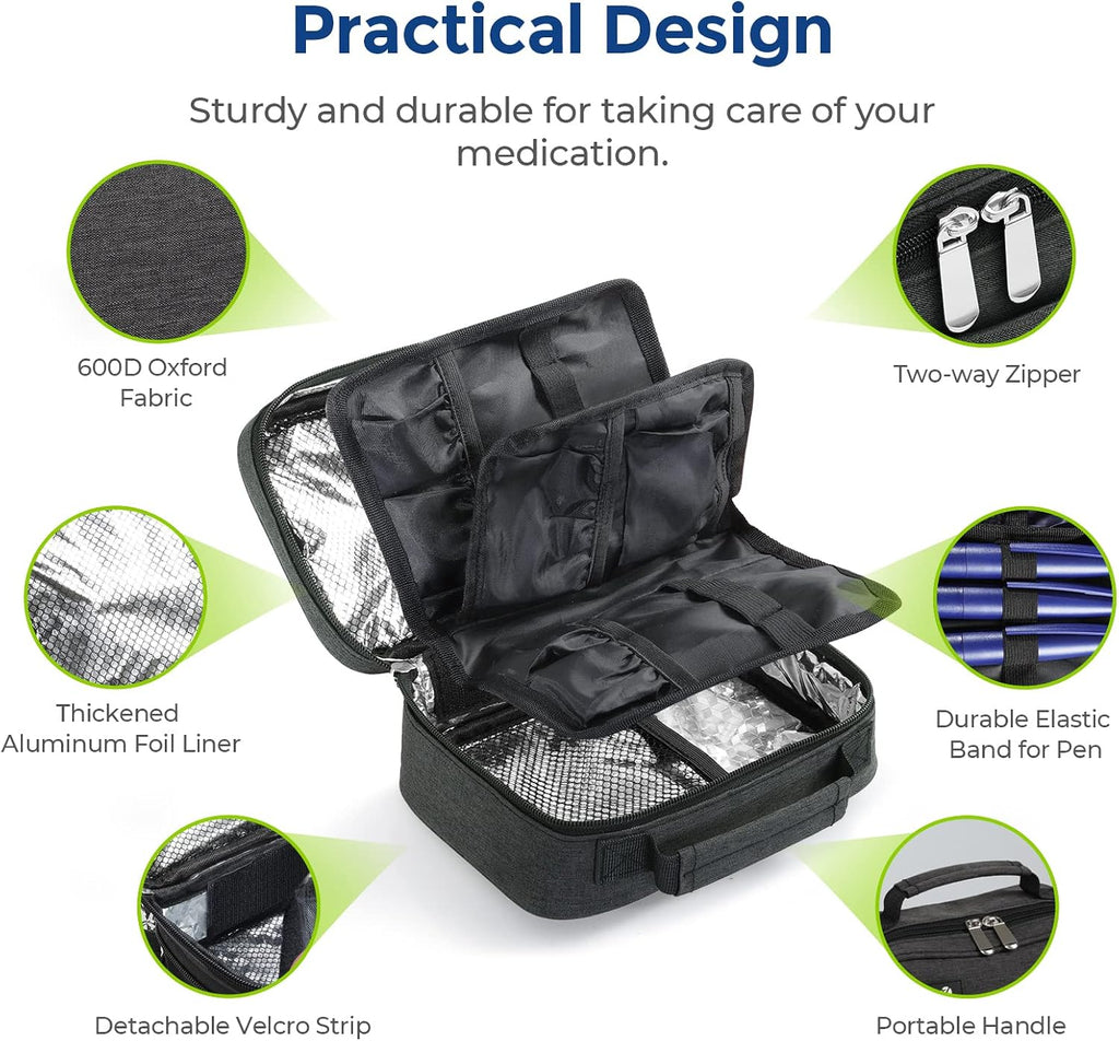 AUVON Large Insulin Cooler Travel Case, 4×160g TSA-Approved Ice Packs | Medication Cooler for Travel Holds 8 Insulin Pens & Diabetic Supplies, Portable Handle for Daily Life and Trips