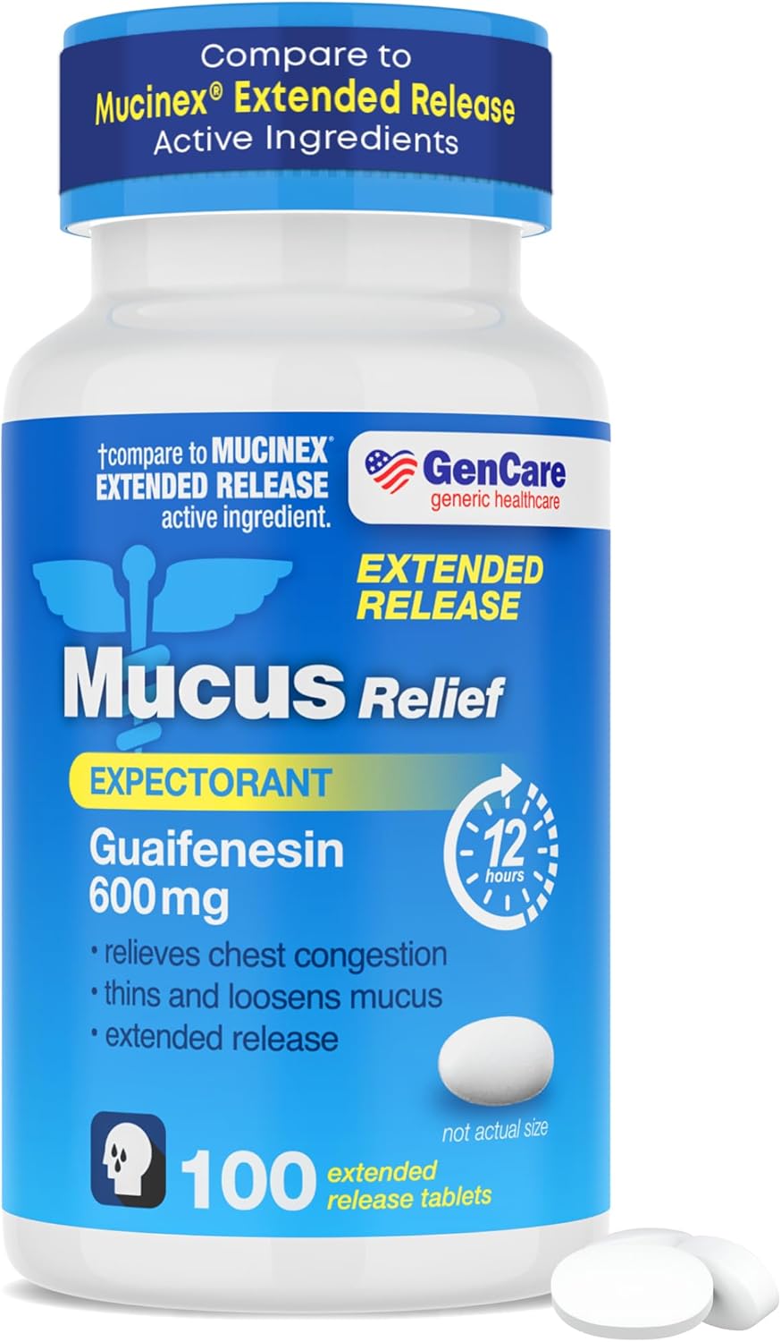 GenCare Mucus Relief Guaifenesin 600mg Extended-Release, 100 Ct | Compares to Mucinex; 12-hour expectorant relief for chest congestion & cough, thins and loosens mucus fast