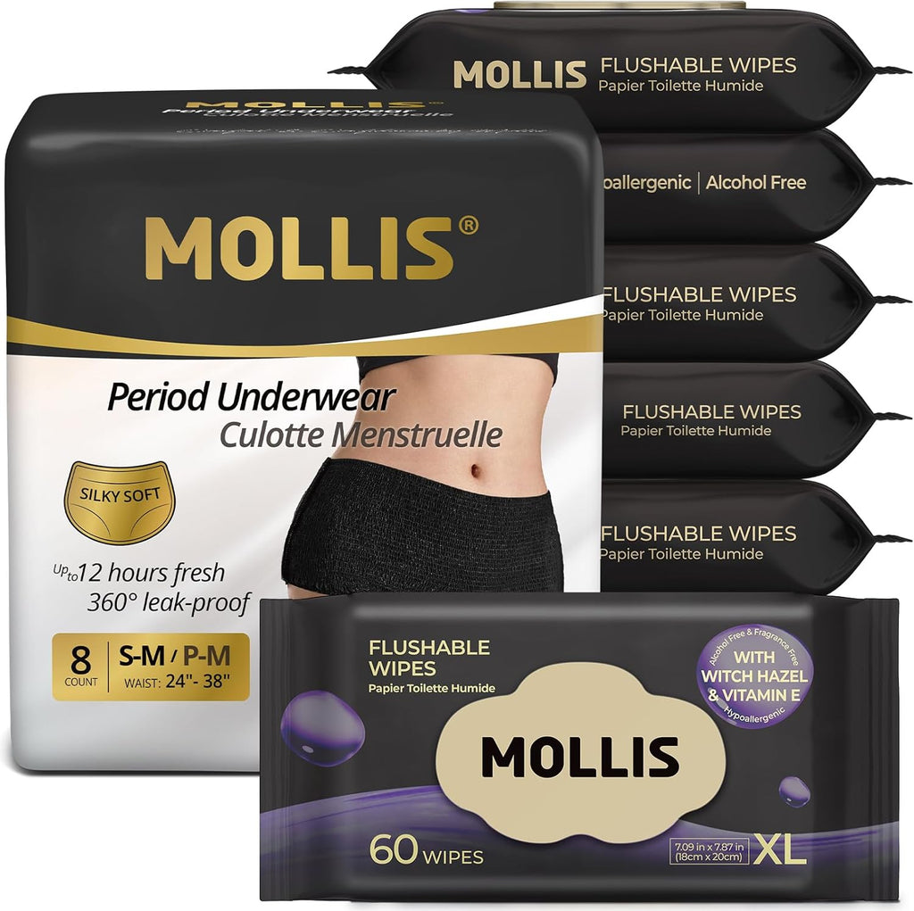 MOLLIS Disposable Period Underwear for Women, Postpartum Panties, & MOLLIS Flushable Wipes for Adults, Extra Large Unscented Wet Wipes with Witch Hazel & Vitamin E