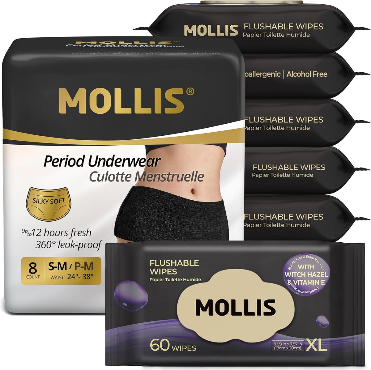 MOLLIS Disposable Period Underwear for Women, Postpartum Panties, & MOLLIS Flushable Wipes for Adults, Extra Large Unscented Wet Wipes with Witch Hazel & Vitamin E