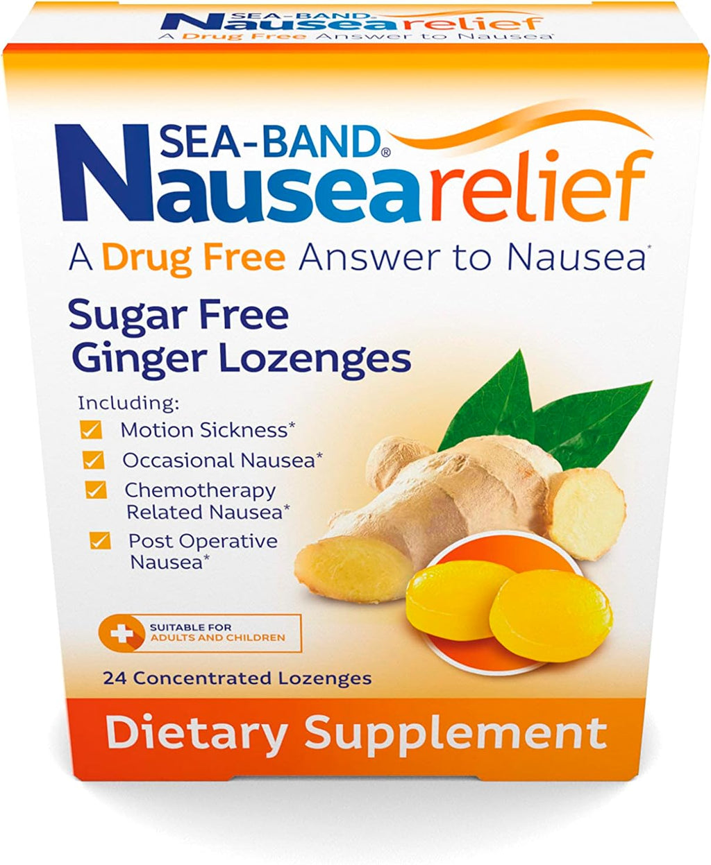 Sea-Band Sugar Free Ginger Travel Lozenges for Motion Sickness 24 Pieces | Morning sickness relief, drug free, HSA/FSA approved, 24 lozenges, sugar free