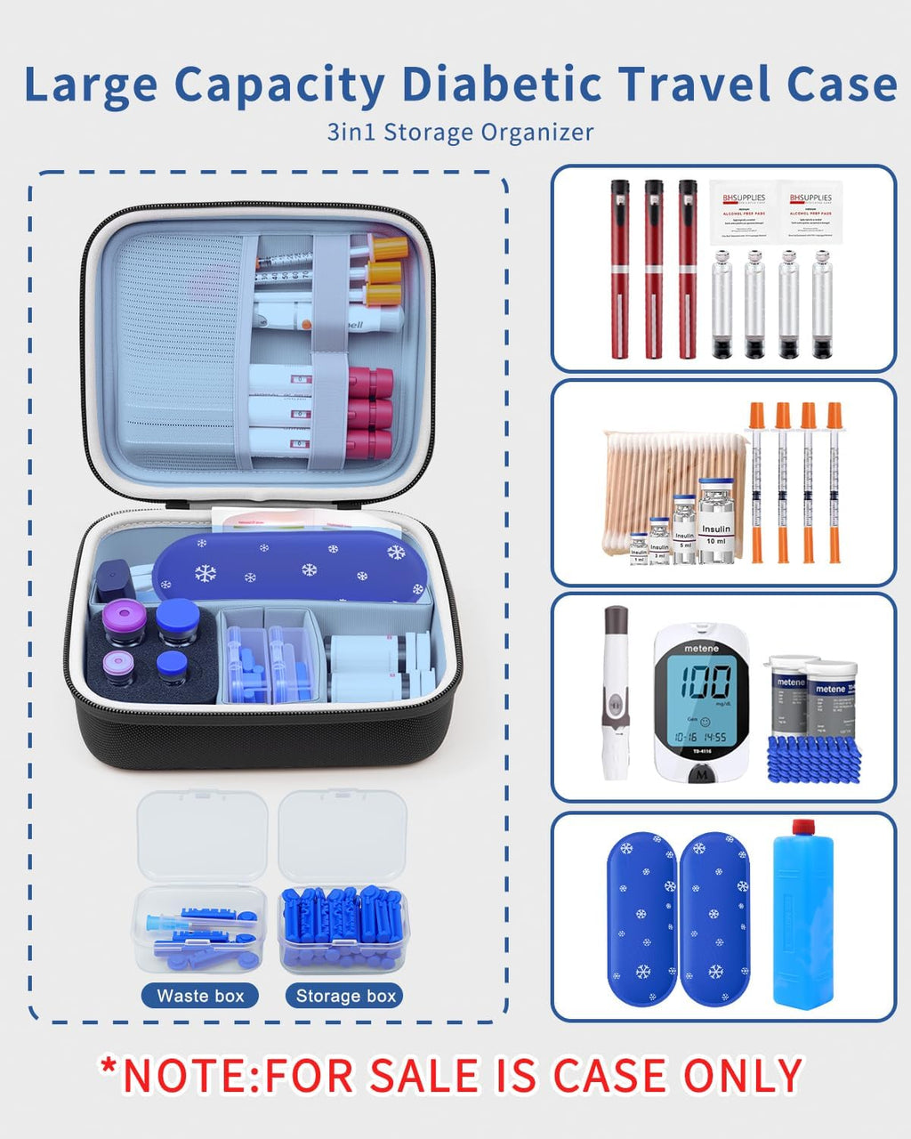 Diabetes Travel Case for Diabetic Supplies with Adjustable Dividers(Black) | Portable Diabetes Organizer for Glucose Meter, Blood Sugar Test Strips Kit, Insulin Pens, Vials, Syringes Lancing Device More