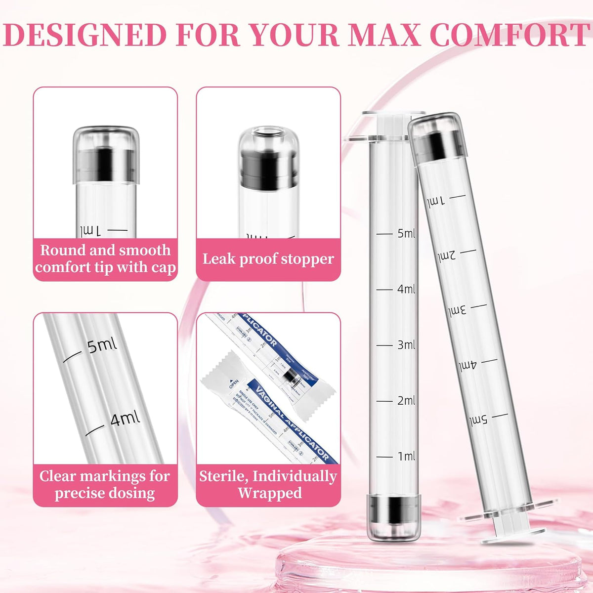Disposable Vaginal Cream Applicators – 5ml Lube Injector Syringes with Smooth Tip, Dosage Markings, Fits Most Lubricants Creams Gels, Sterilized Individually Wrapped, Pack of 20