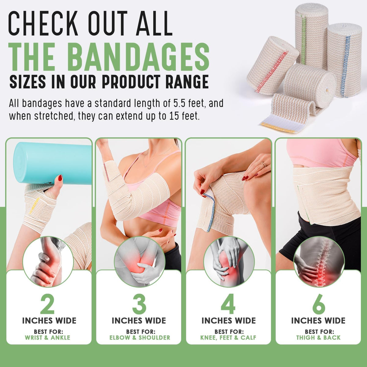 Premium Elastic Bandage Wrap (6" 4 Pack) - Hook & Loop Fasteners at Both Ends - Latex Free Hypoallergenic Compression Roll - Reusable Bandages for Waist, Legs, Elbow & Knee Wrap