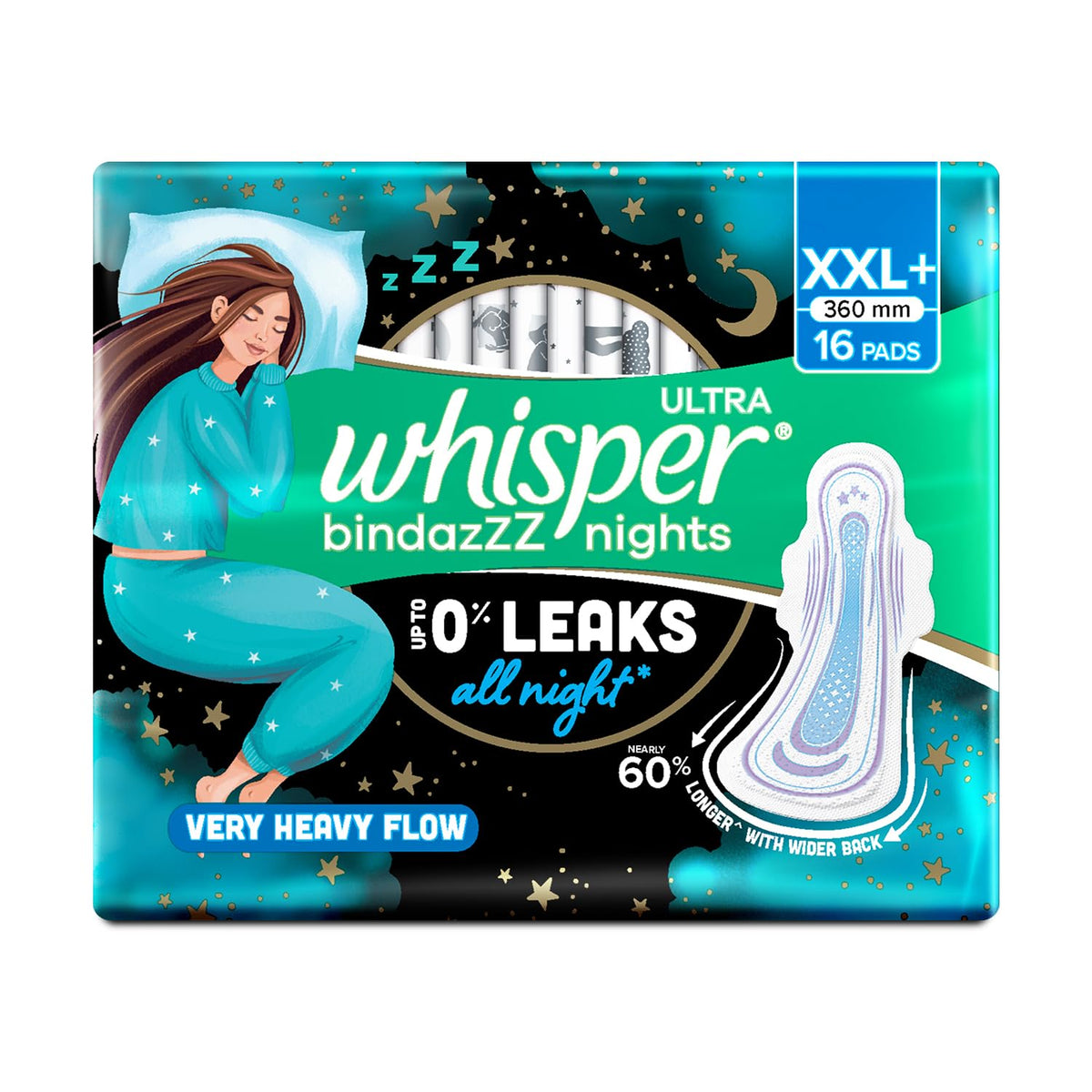 Whisper Bindazzz Nights 16 XXL+ Sanitary Pads, Upto 0% Leaks All Night Long, For Very Heavy Flow, Nearly 60% Longer with Wider Back, Active odor lock so you feel fresh, Disposable Wrapper