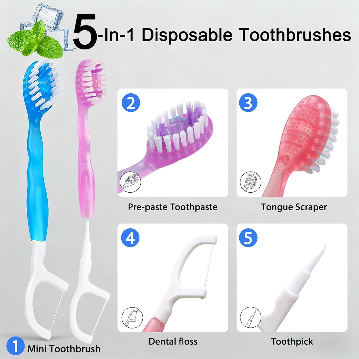 JASUNLEE 70Pack Mini Disposable Toothbrushes 5-in-1 PrePasted Travel Toothbrush with Toothpaste Flosser Pick Tongue Scraper, Individually Wrapped Box, Carry On Essentials for Airplane Camping