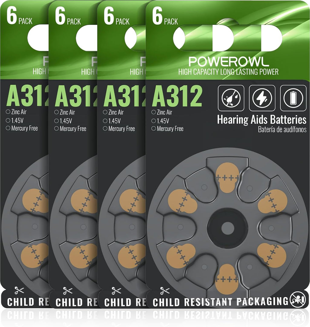 POWEROWL 24 Count Hearing Aid Batteries Size 312, High Capacity Cell, Long Lasting 312A battery