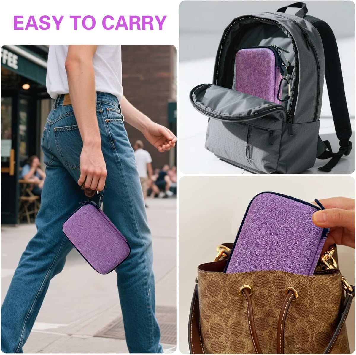 Diabetes Supplies Travel Case, Portable Glucose Monitor Case for Blood Sugar Test Strips, Lancets, Lancing Device, with 2 small transparent boxes and 1 climbing buckle (purple)