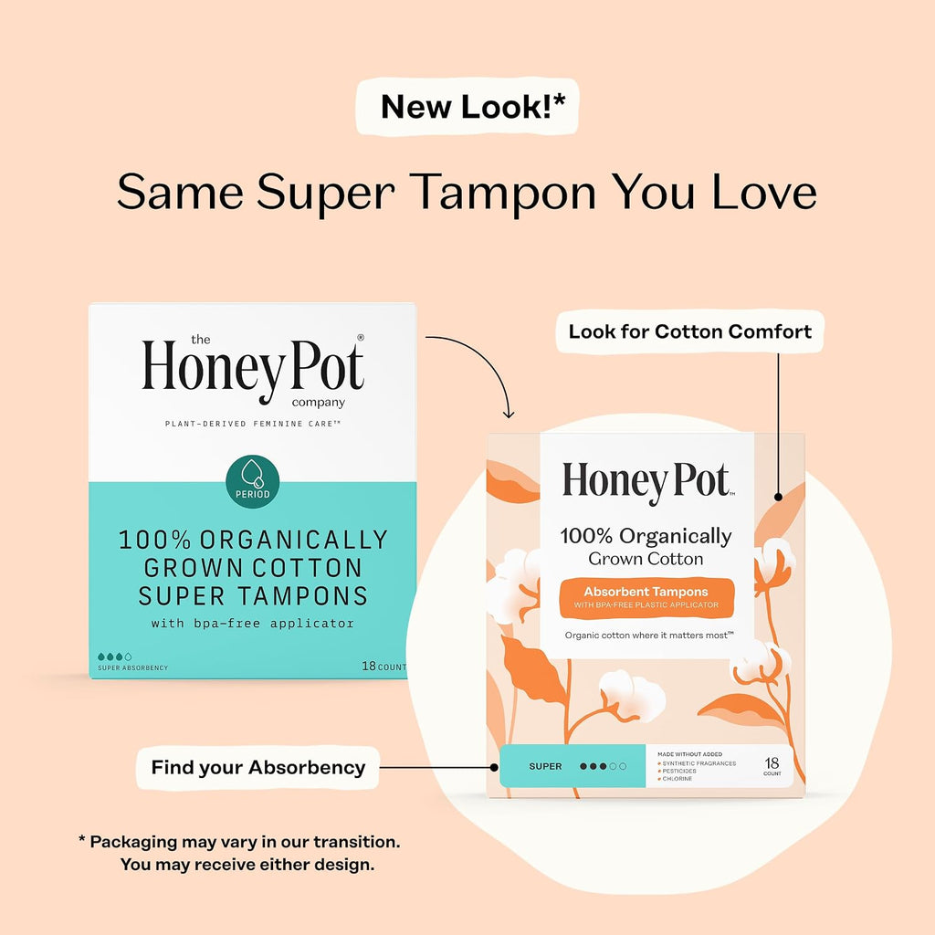 The Honey Pot Company - 100% Organic Cotton Tampons - Super Absorbency | Multipack - Tampons w/BPA Free Plastic Applicator - Unscented - Without Fragrances or Chlorine - Feminine Care - 54ct